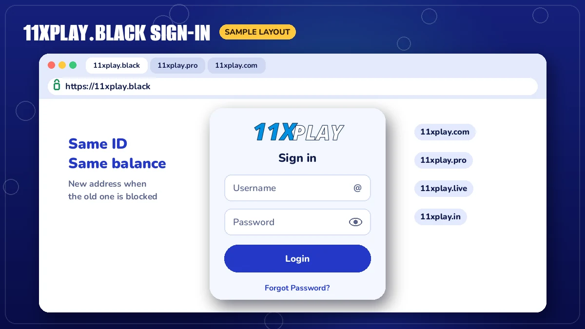 Mock of the 11xplay black login with username, password and Login fields
