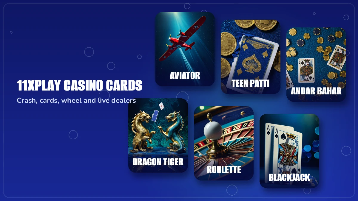 Grid of 11x play casino game cards for Teen Patti, Andar Bahar, Dragon Tiger, baccarat and blackjack