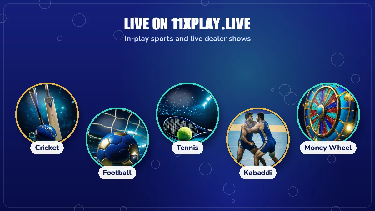 Bubble collage of 11xPlay Live game tiles including Aviator, Teen Patti and live cricket