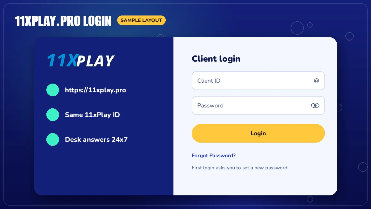 https 11xplay pro login mock-up showing the Client ID row, password row, Login capsule and Forgot Password link